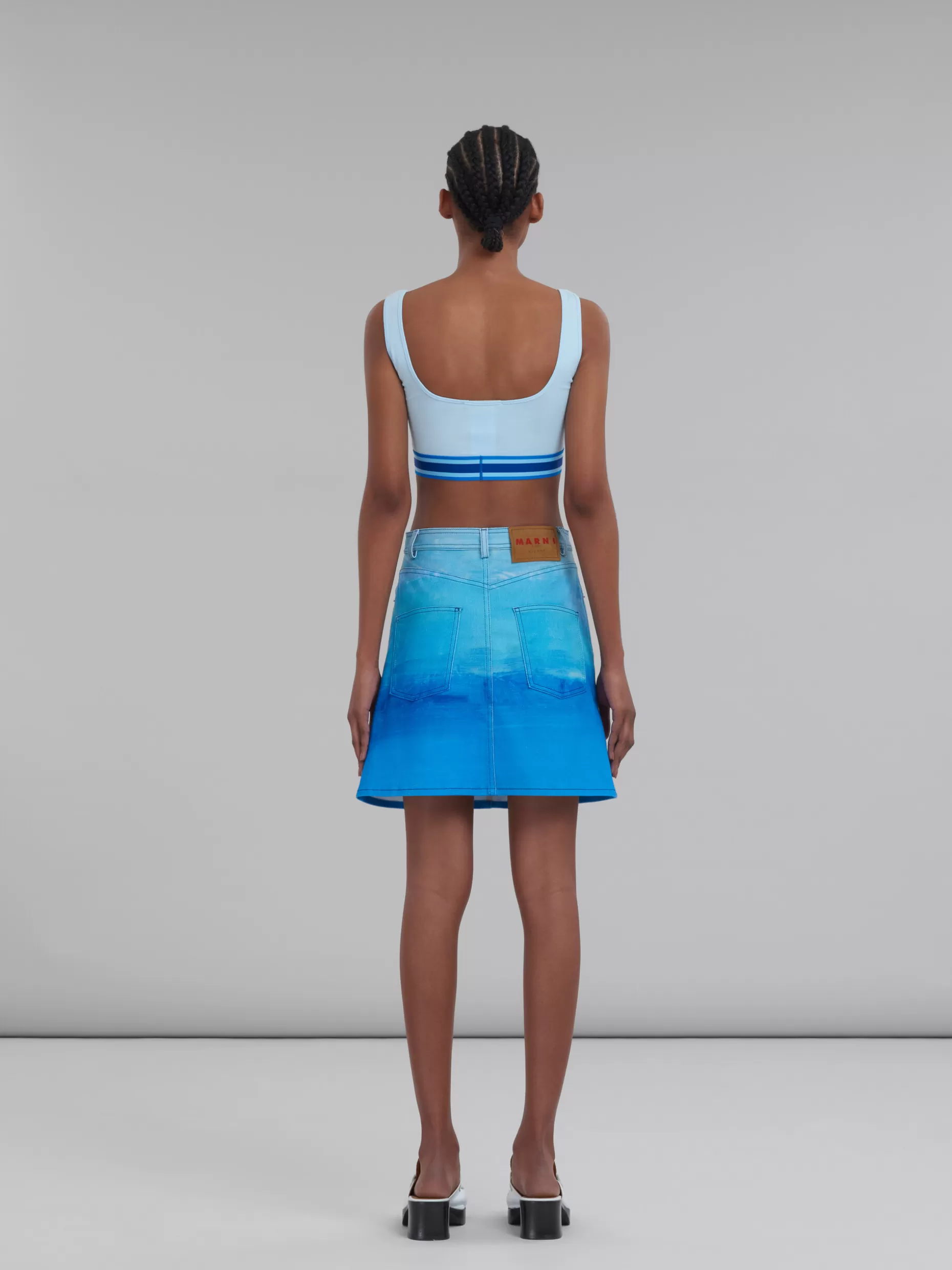 Women Marni Blue Cotton Drill A-Line Skirt With Notte Giorno Print