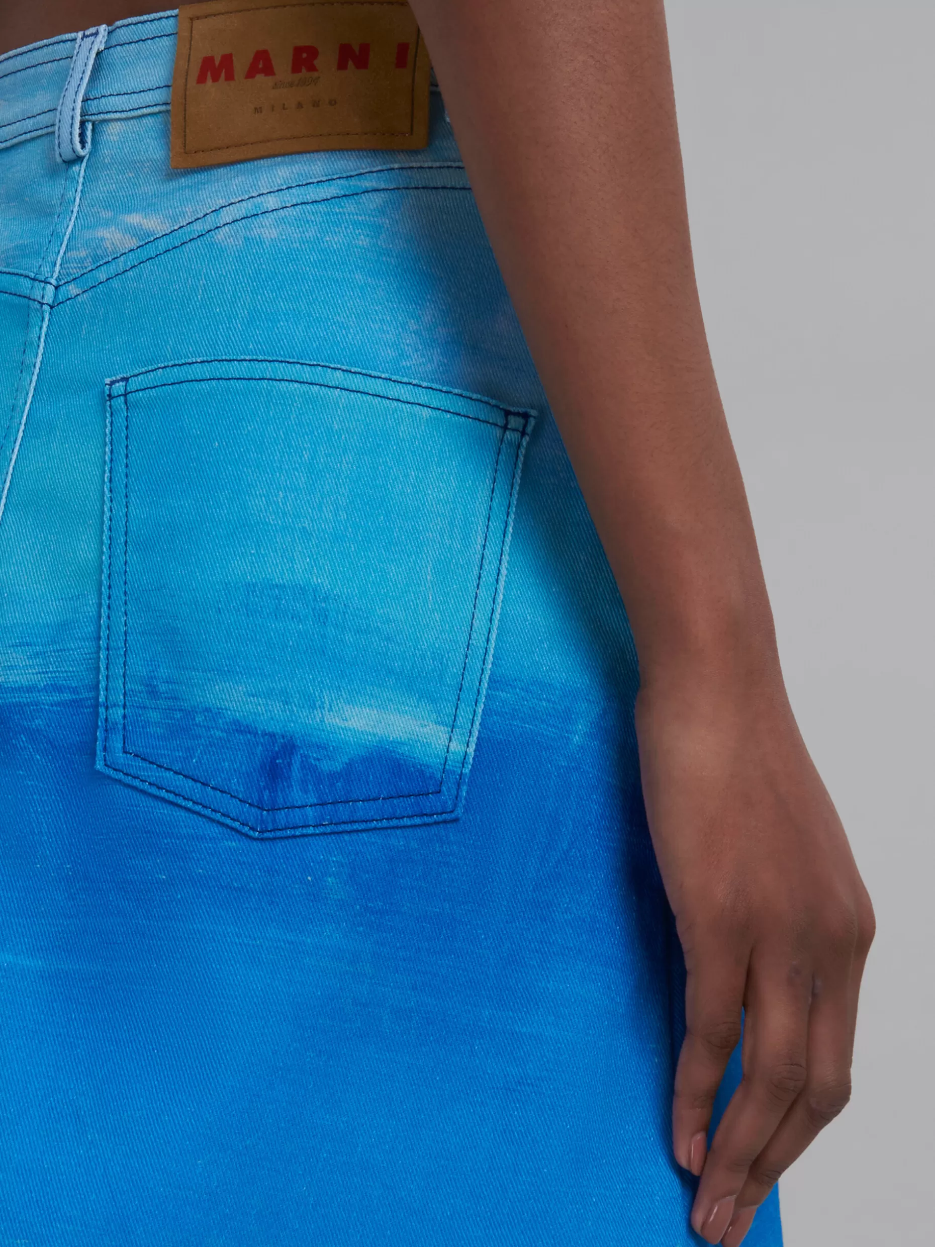 Women Marni Blue Cotton Drill A-Line Skirt With Notte Giorno Print