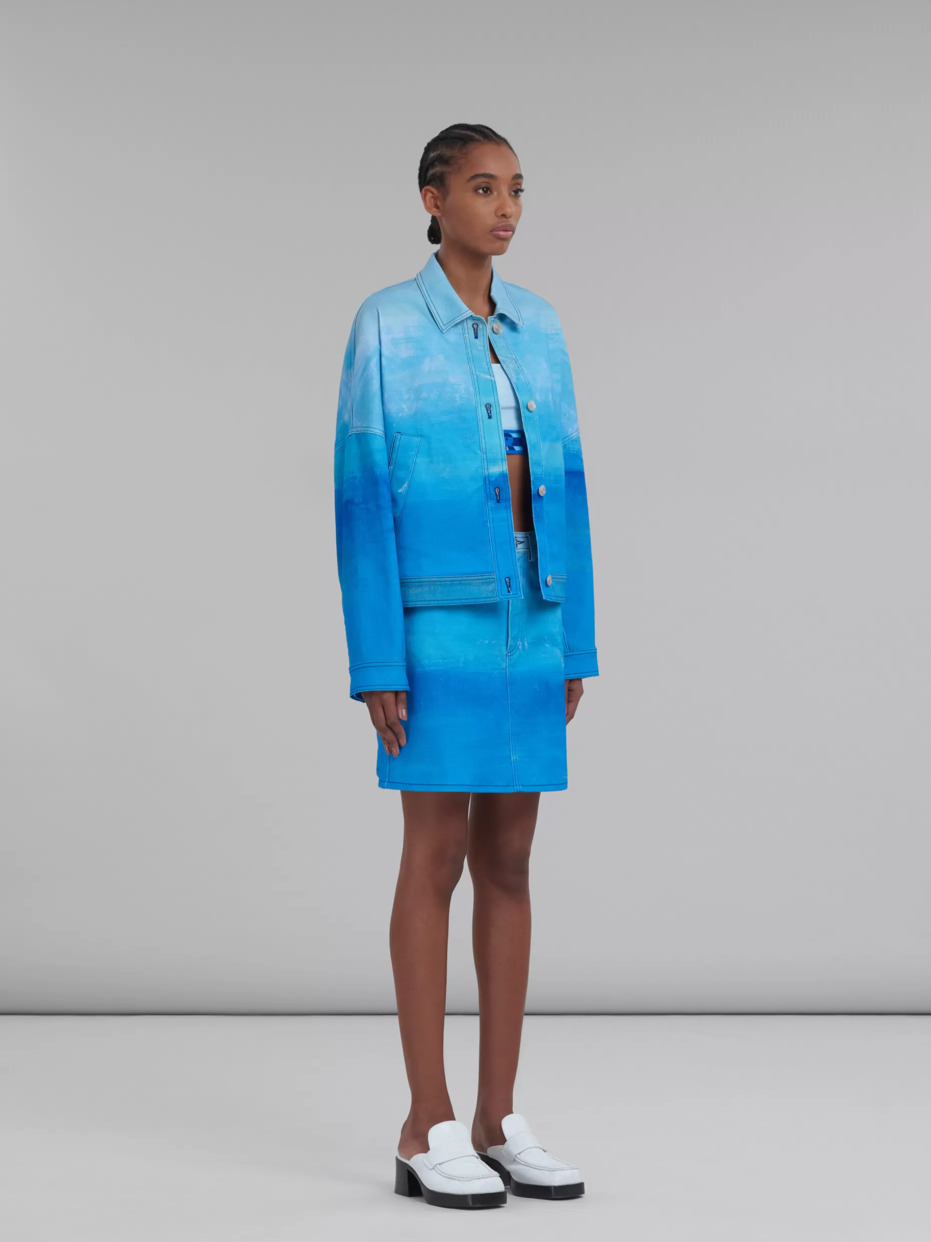 Women Marni Blue Cotton Drill A-Line Skirt With Notte Giorno Print