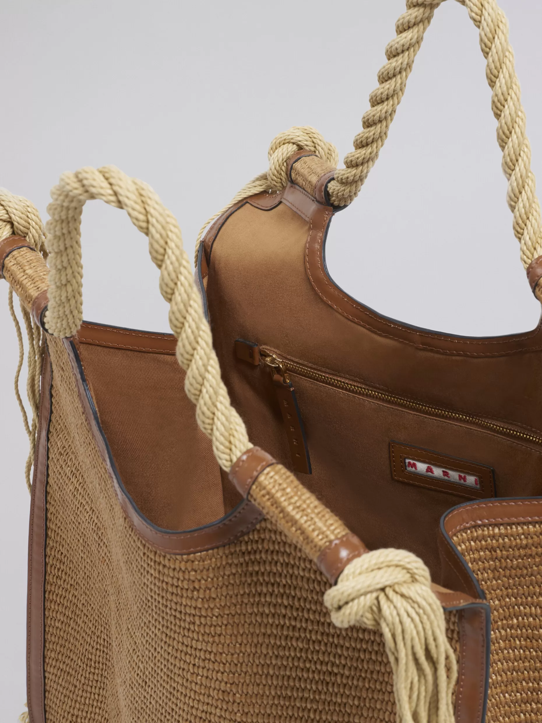 Women Marni Marcel Summer Bag In Brown Leather And Raffia With Rope Handles