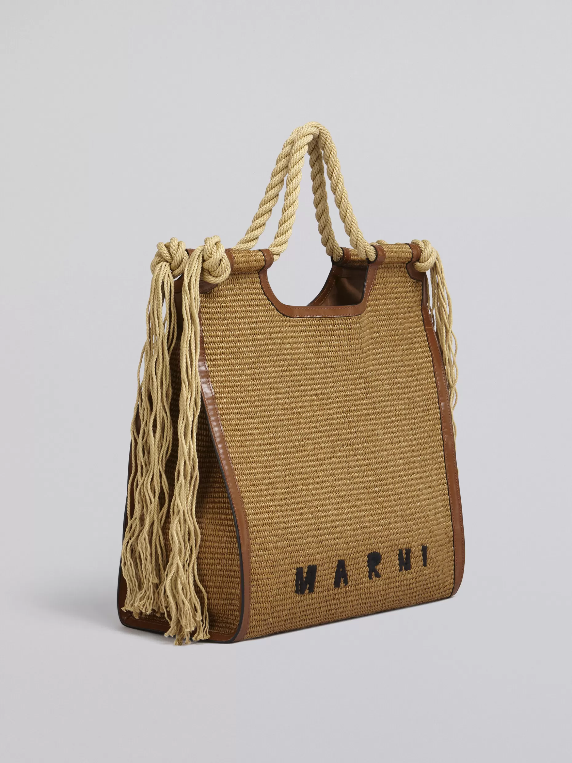 Women Marni Marcel Summer Bag In Brown Leather And Raffia With Rope Handles