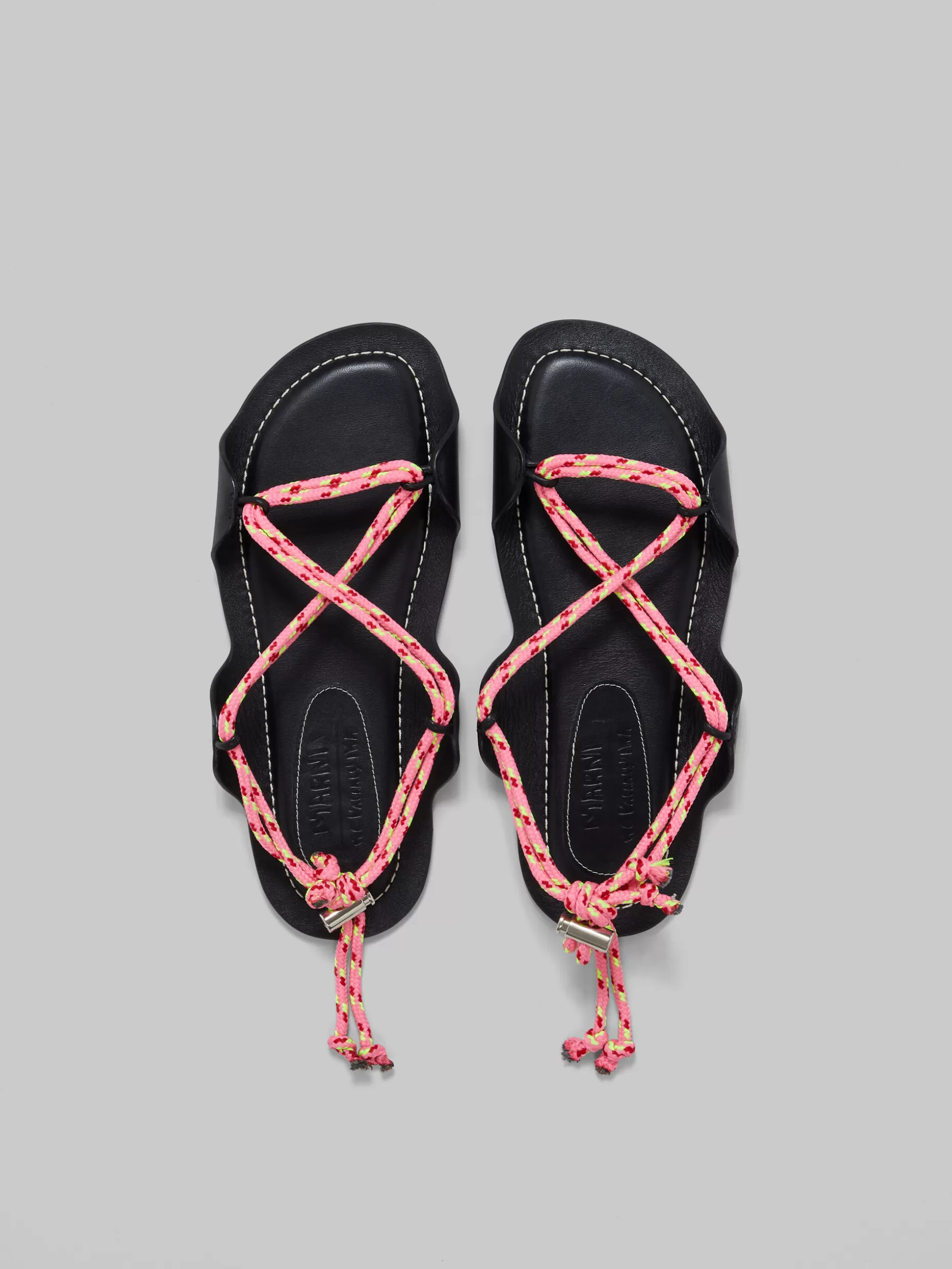 Women Marni X No Vacancy Inn - Black Leather Sandals With Multicolour Rope