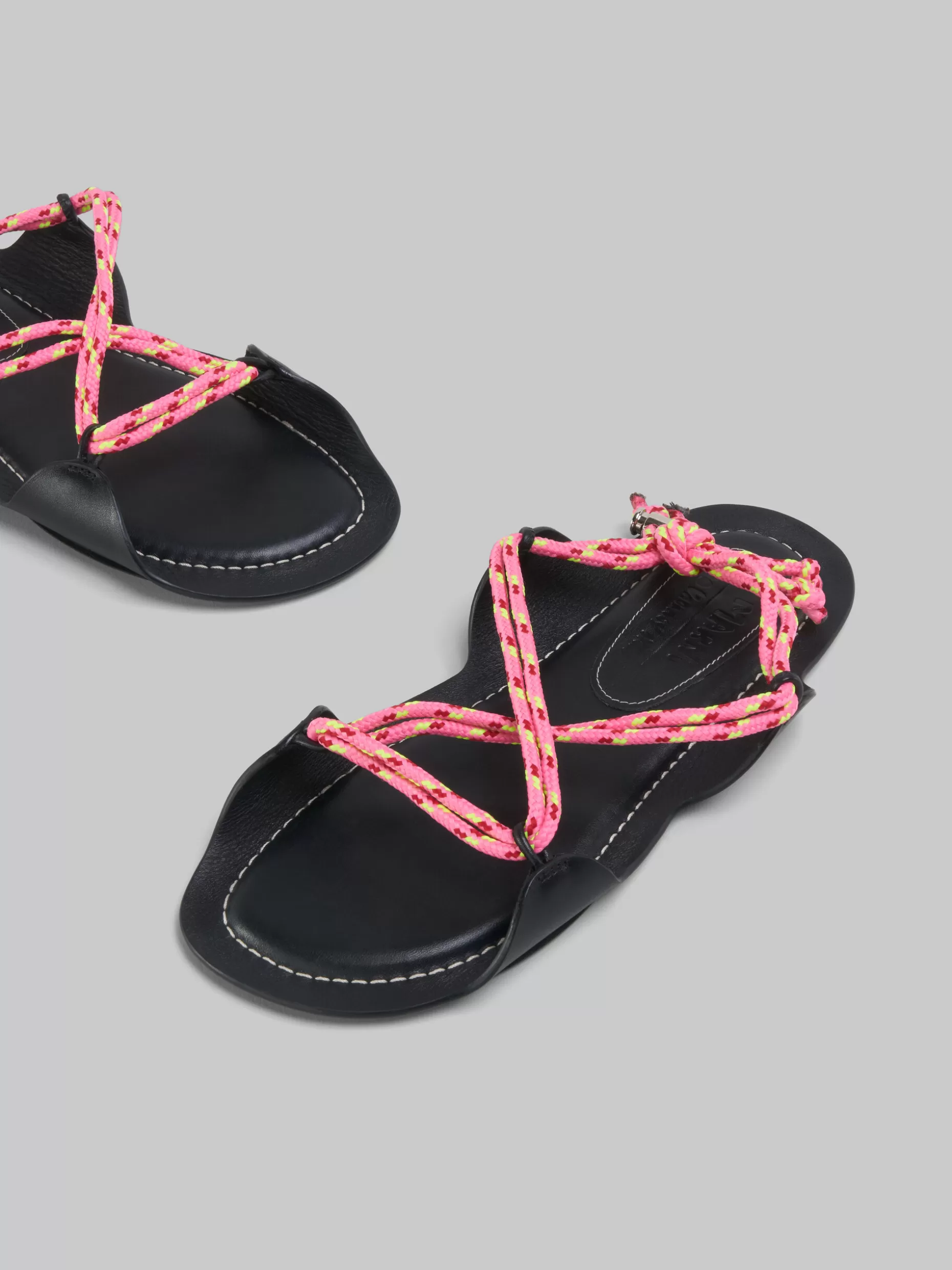 Women Marni X No Vacancy Inn - Black Leather Sandals With Multicolour Rope