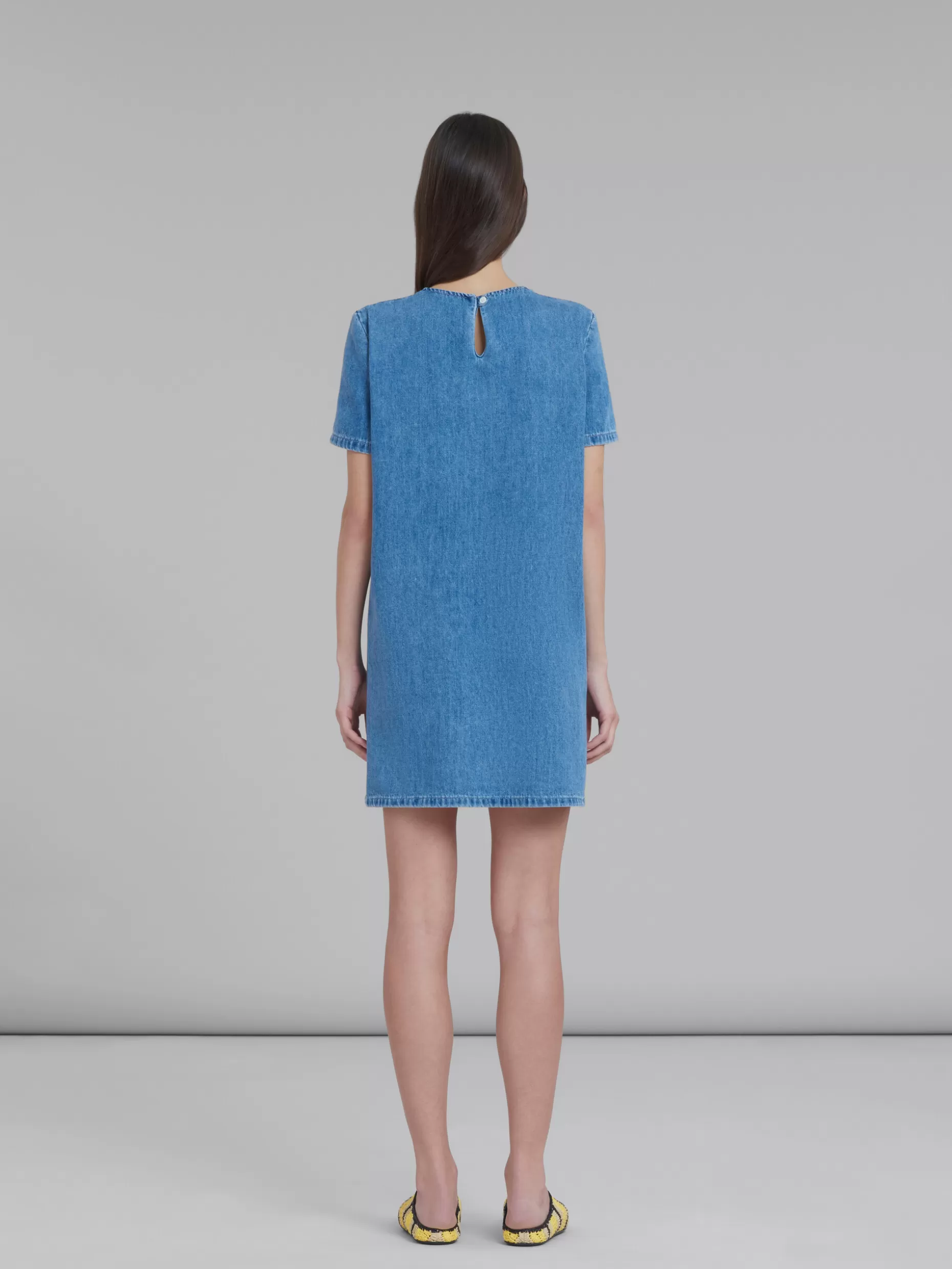 Women Marni X No Vacancy Inn - Blue Chambray Short Dress With Embroidery
