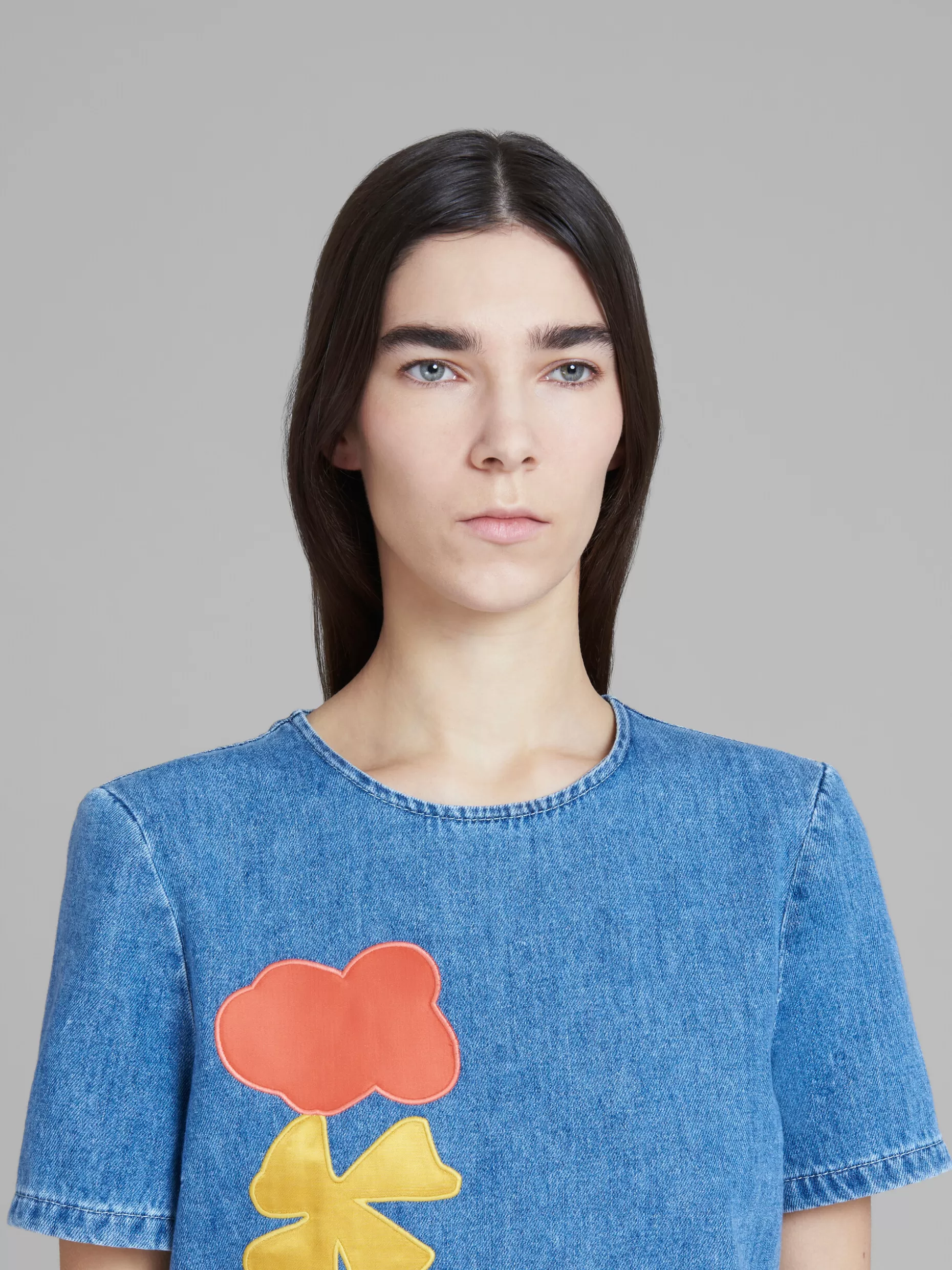 Women Marni X No Vacancy Inn - Blue Chambray Short Dress With Embroidery