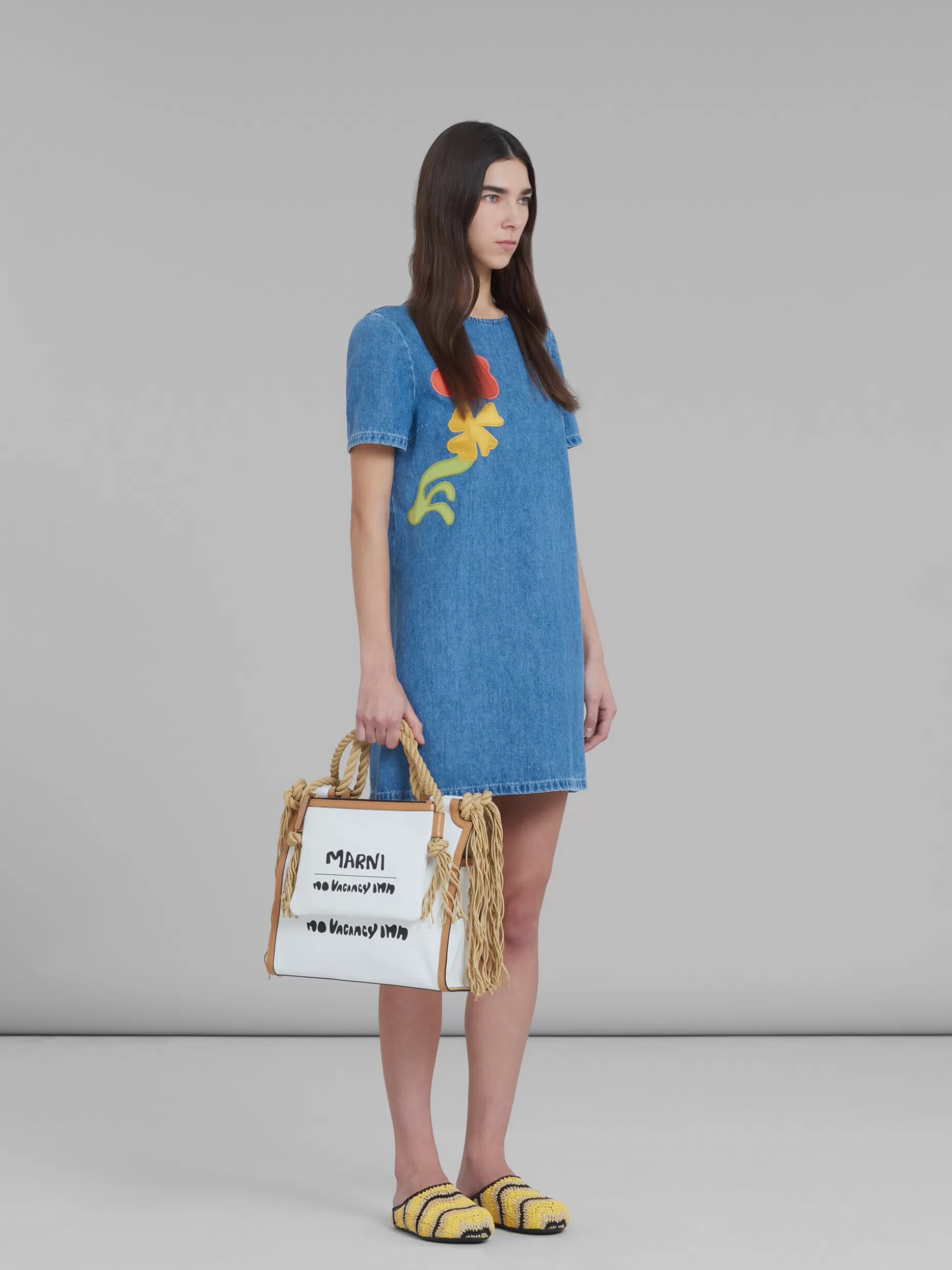 Women Marni X No Vacancy Inn - Blue Chambray Short Dress With Embroidery