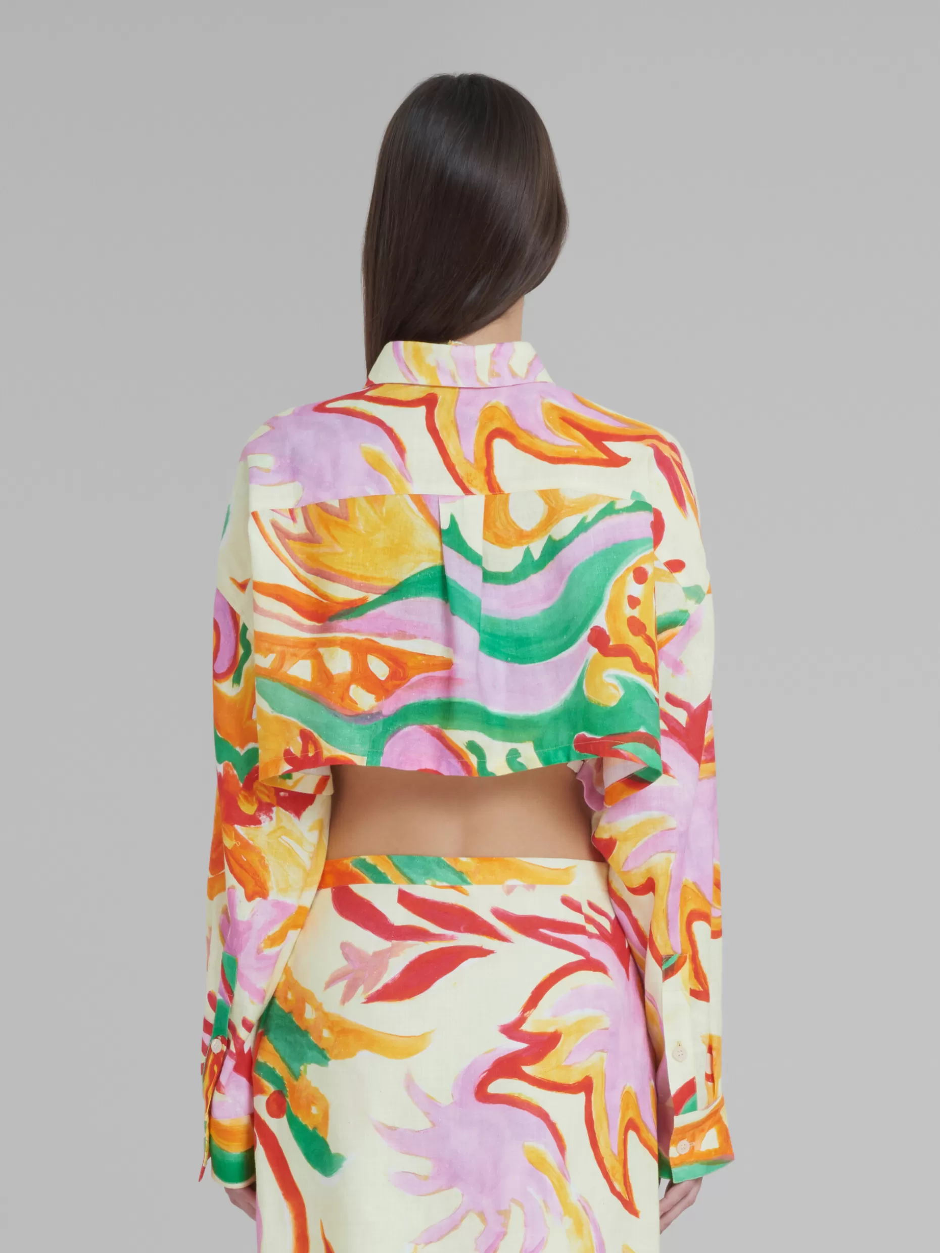 Women Marni X No Vacancy Inn - Cropped Linen-Viscose Cheesecloth Shirt With Chippy Blossom Print