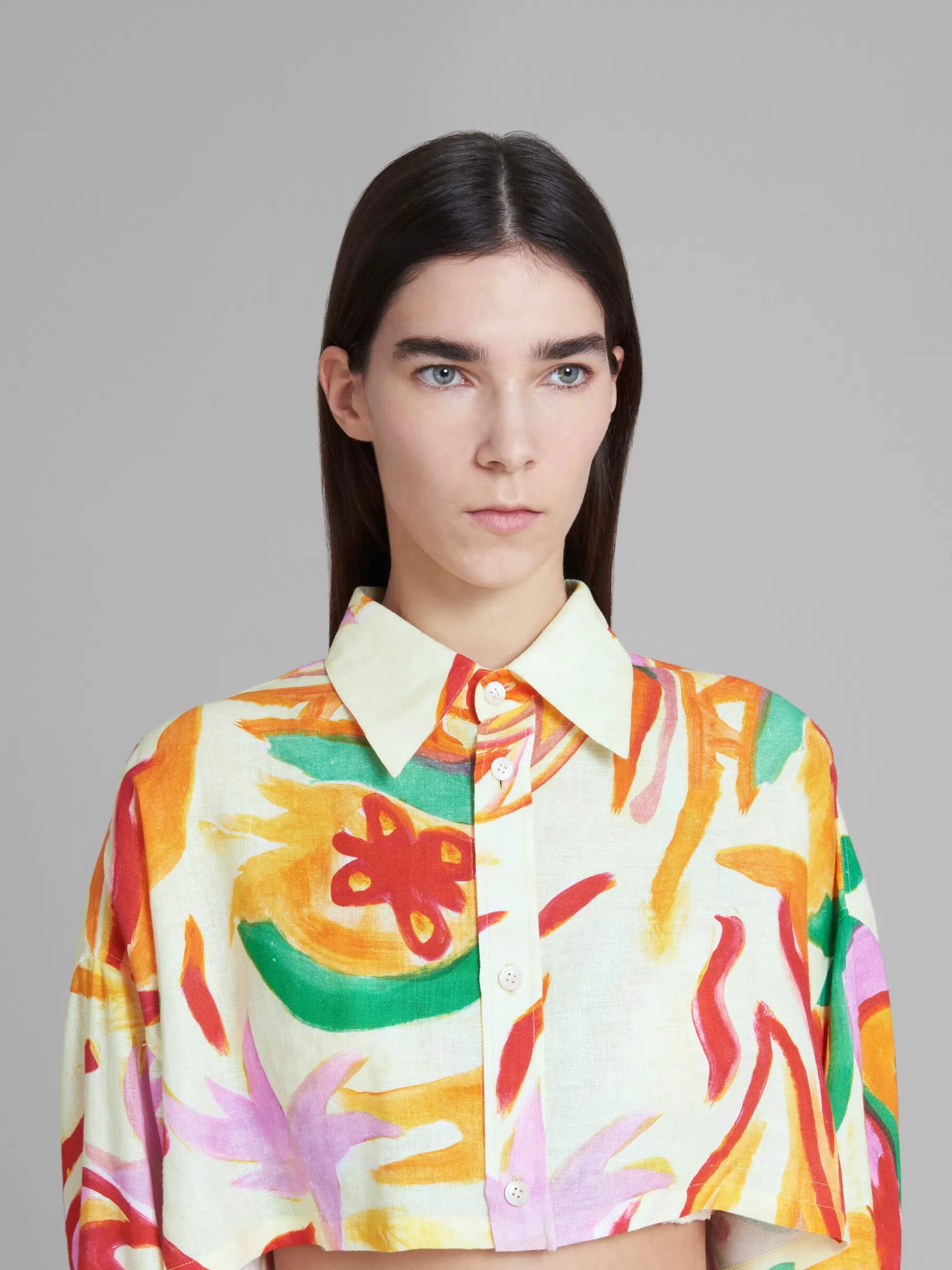 Women Marni X No Vacancy Inn - Cropped Linen-Viscose Cheesecloth Shirt With Chippy Blossom Print