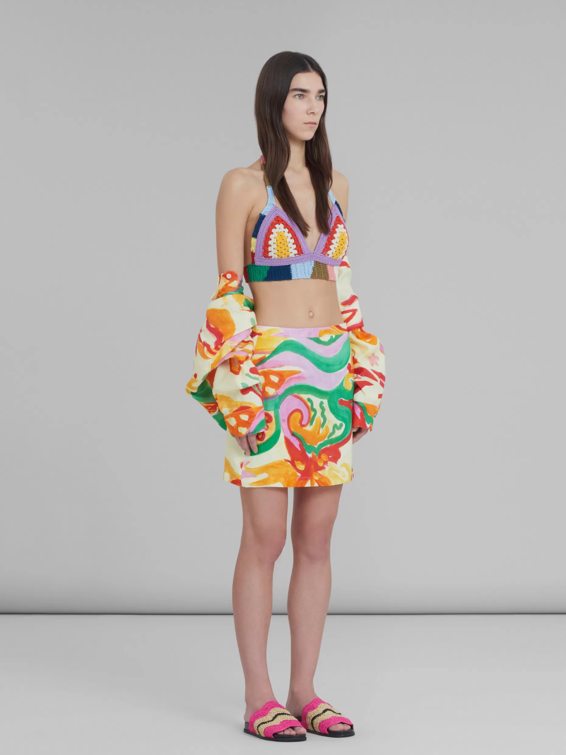 Women Marni X No Vacancy Inn - Cropped Linen-Viscose Cheesecloth Shirt With Chippy Blossom Print
