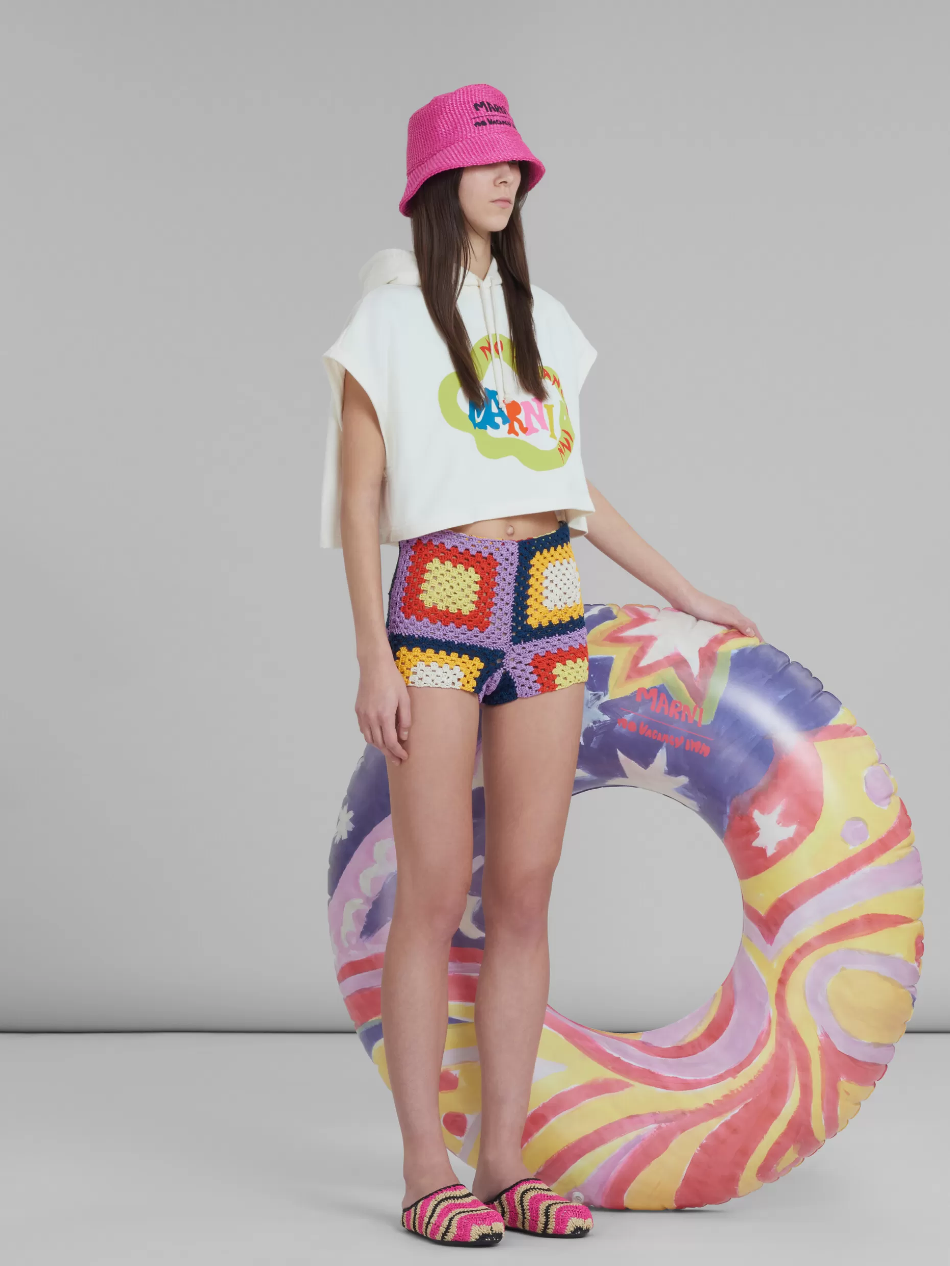 Women Marni X No Vacancy Inn - Cropped White Sweatshirt In Bio Cotton Jersey With Snake Logo Print