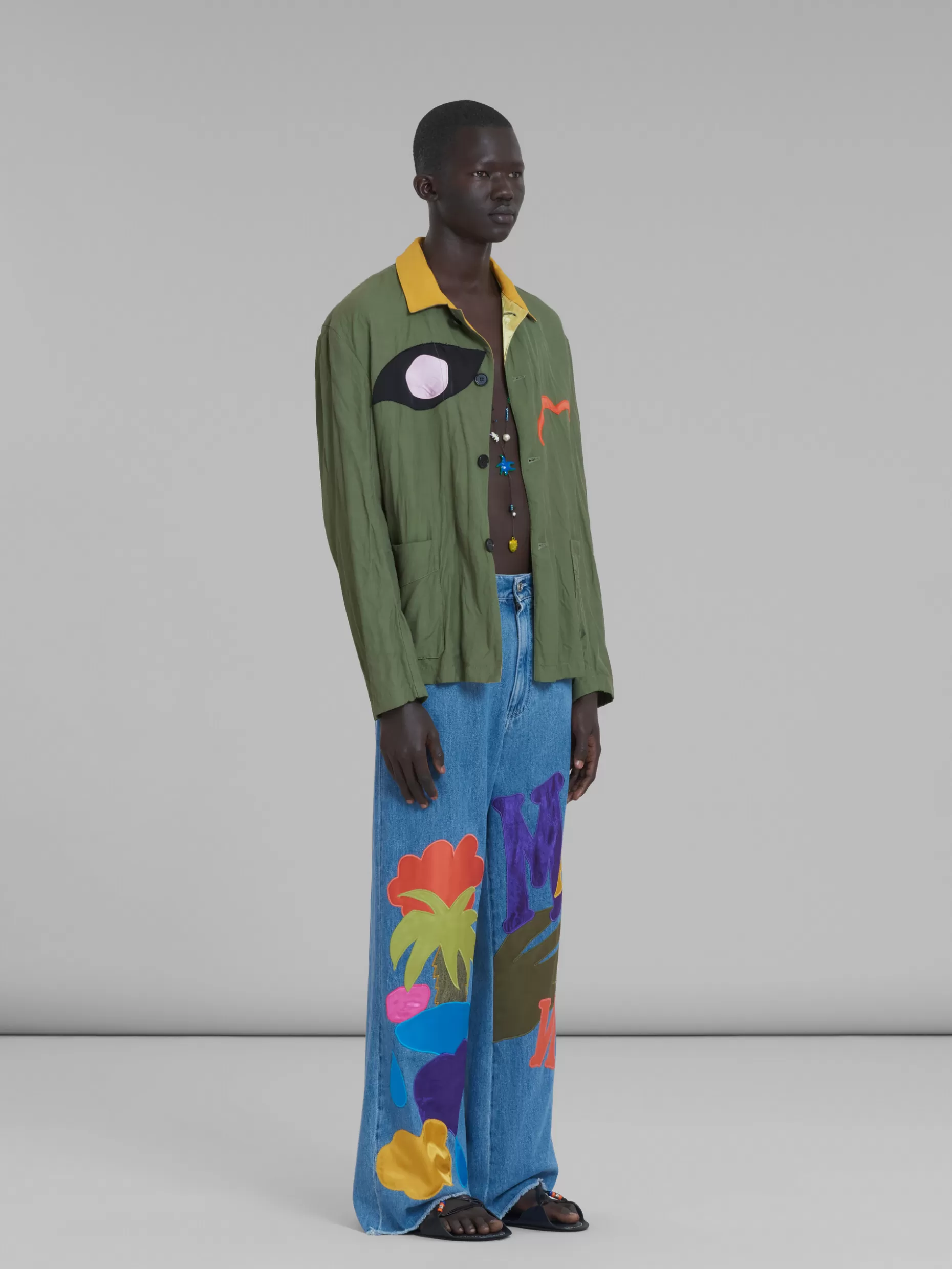 Men Marni X No Vacancy Inn - Green Gabardine Jacket With Embroidered Patches