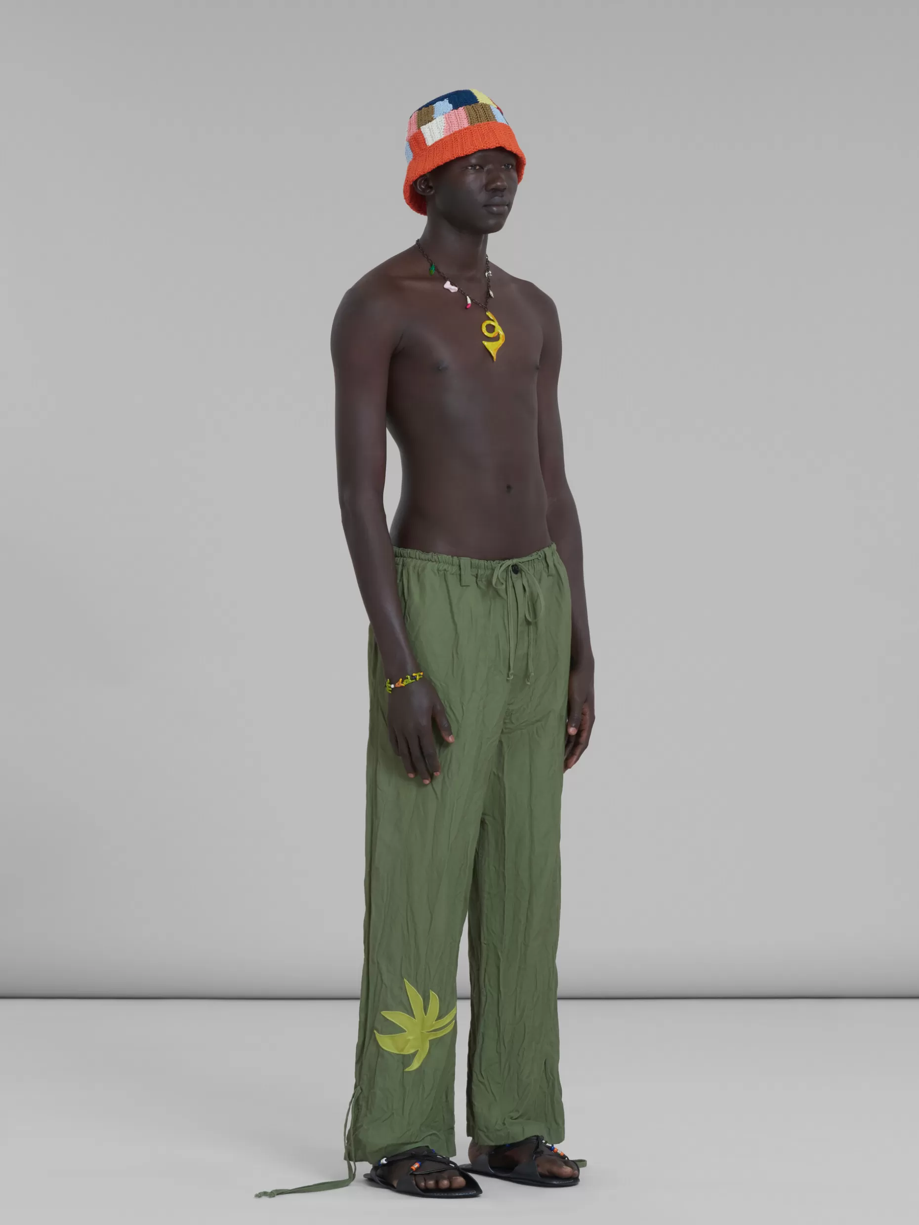 Men Marni X No Vacancy Inn - Green Gabardine Pants With Embroidery