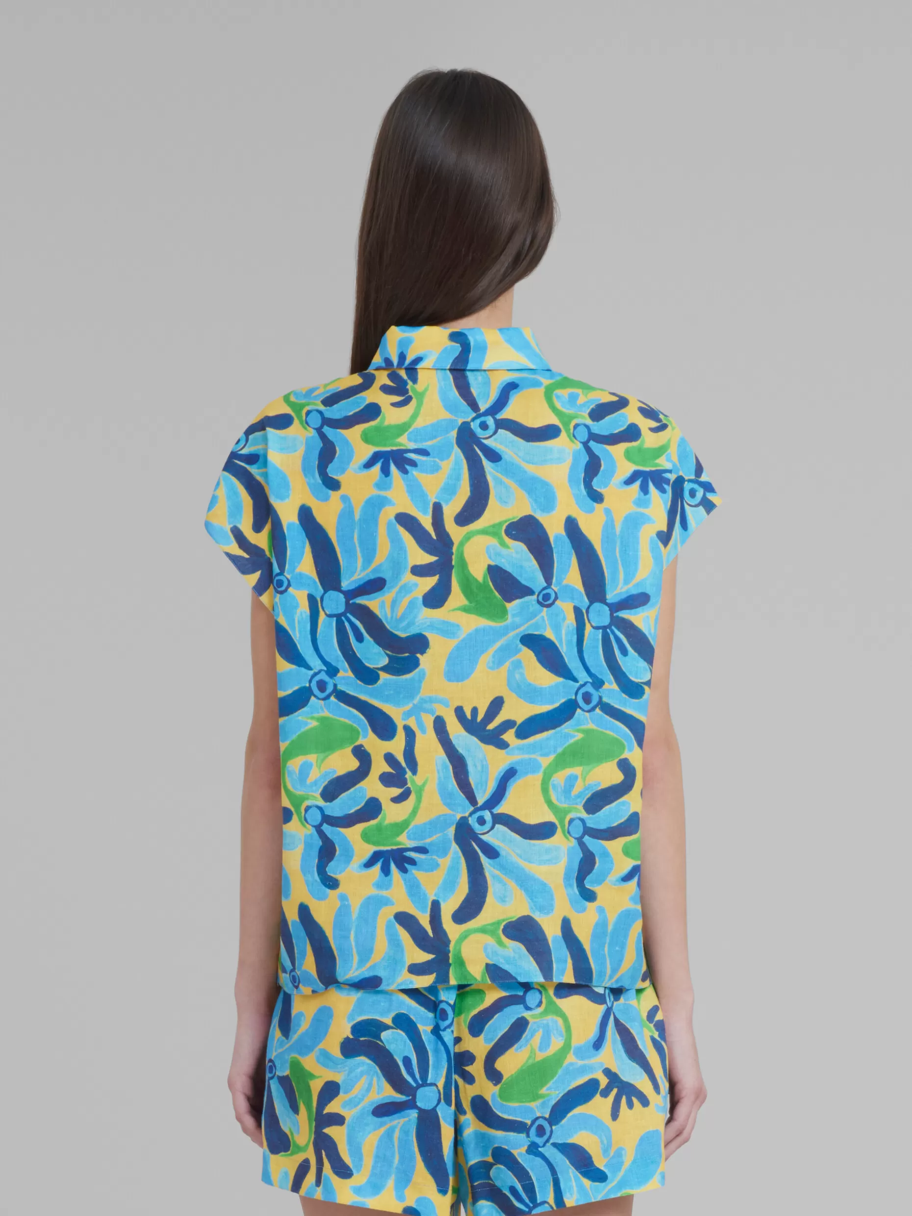 Women Marni X No Vacancy Inn - Linen And Viscose Polo Top With Chippy Fishes Print
