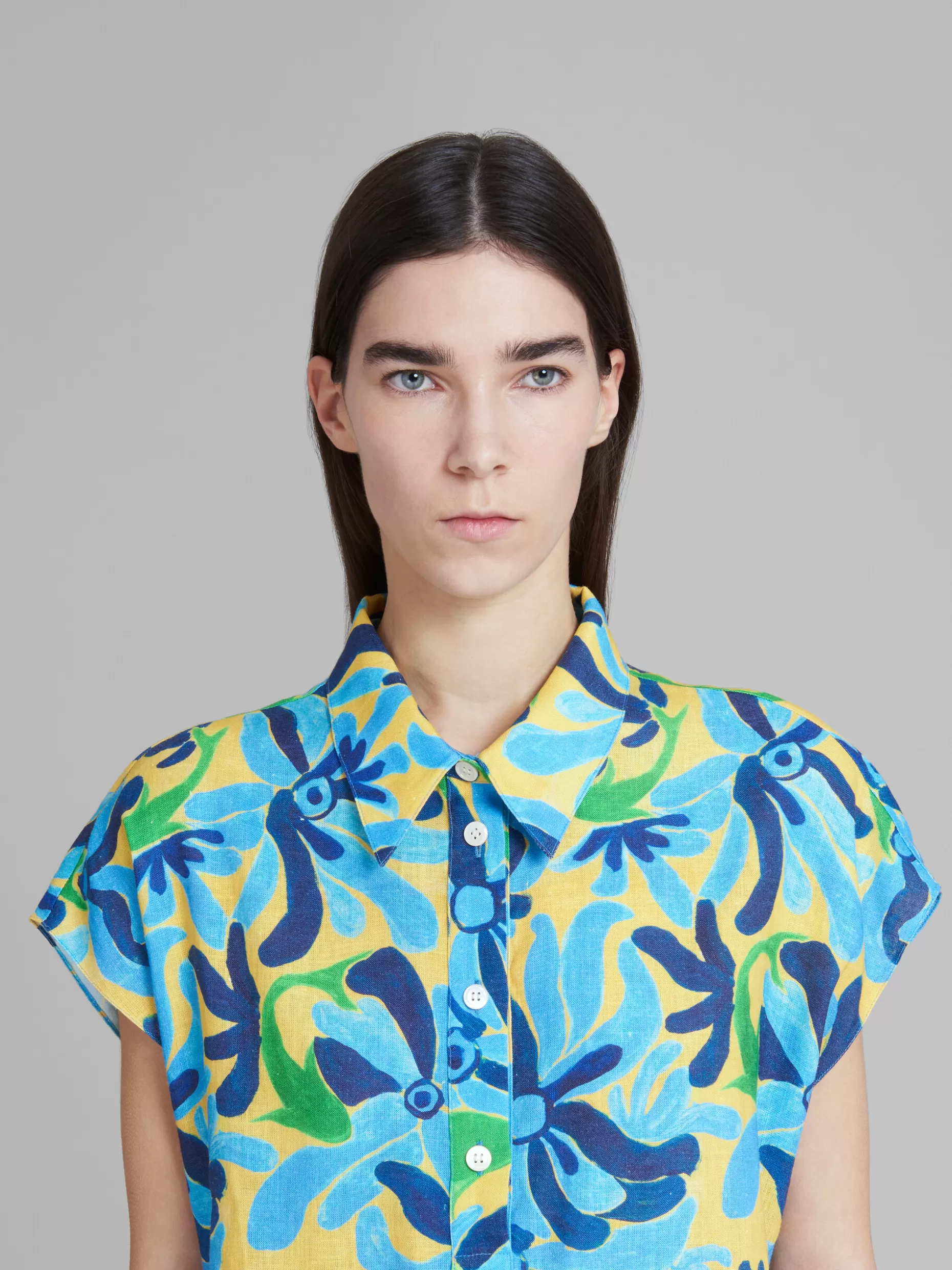 Women Marni X No Vacancy Inn - Linen And Viscose Polo Top With Chippy Fishes Print