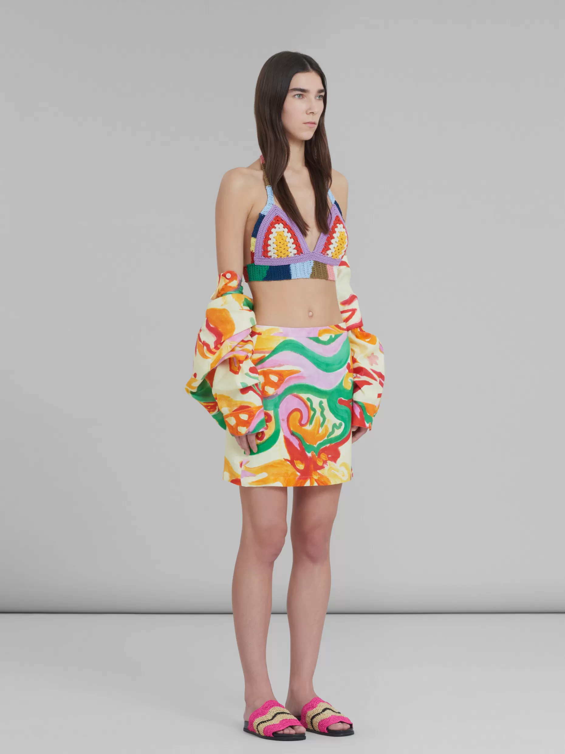 Women Marni X No Vacancy Inn - Linen-Viscose Mini Skirt With Chippy Blossom Print