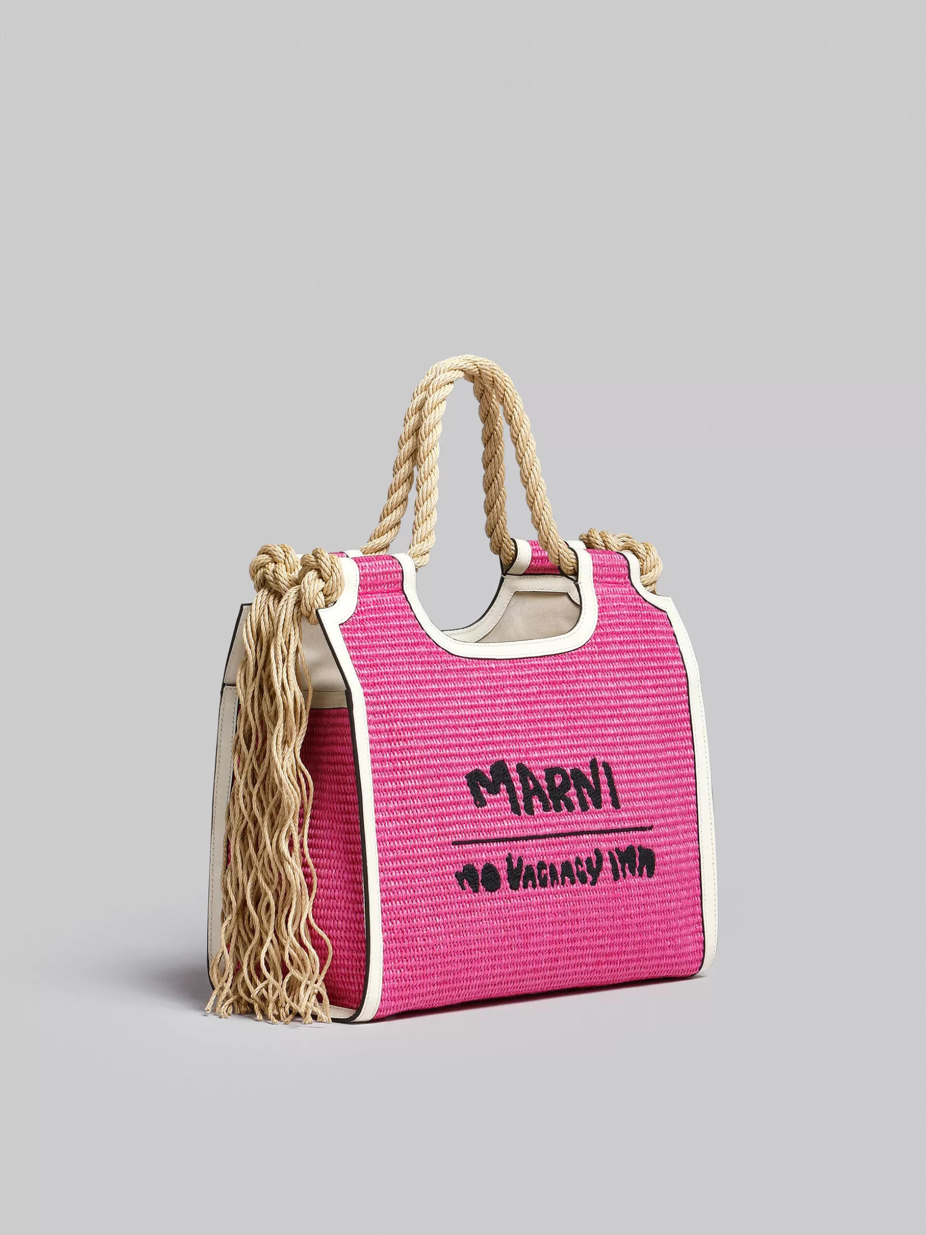 Women Marni X No Vacancy Inn - Marcel Tote Bag In Pink Raffia With White Trims