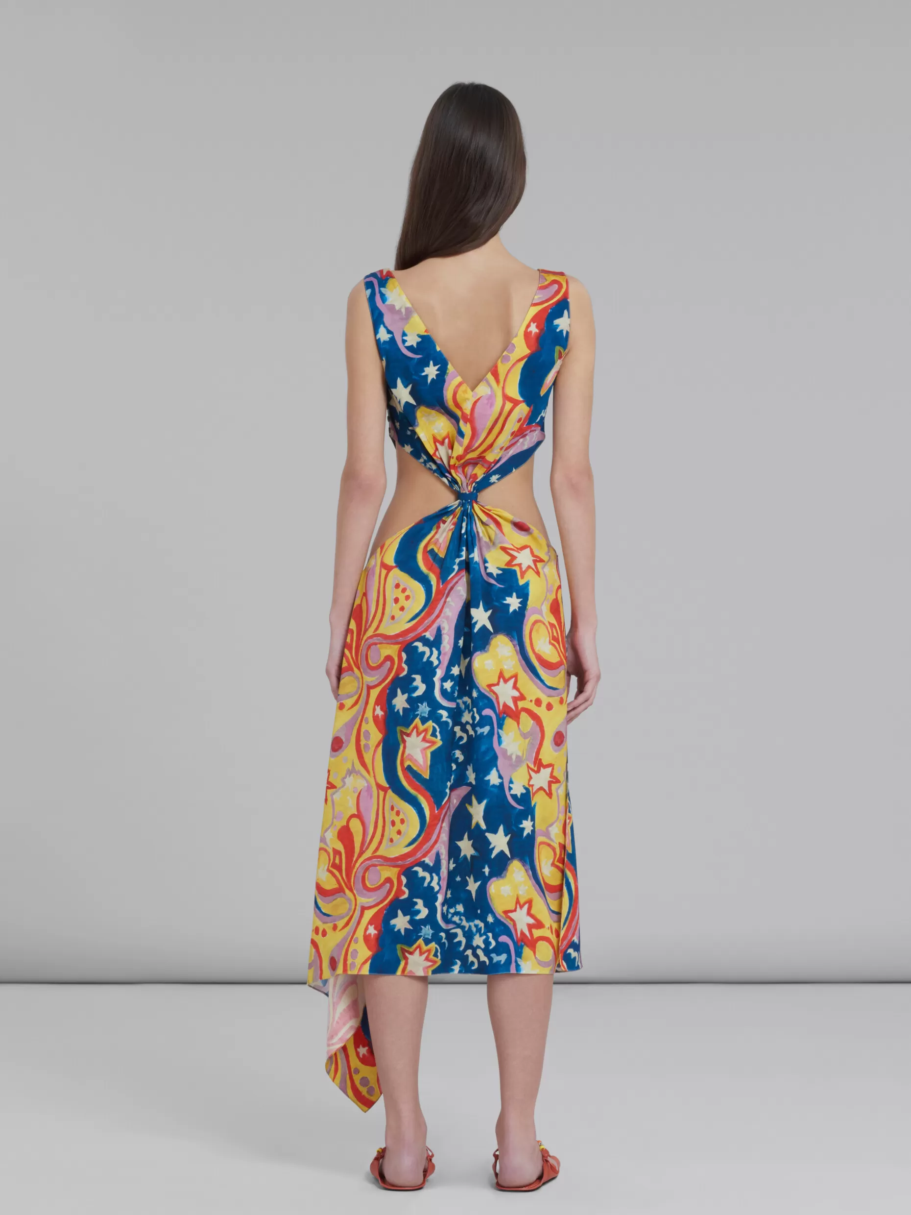 Women Marni X No Vacancy Inn - Multicolor Satin Cut-Out Midi Dress With Galactic Paradise Print