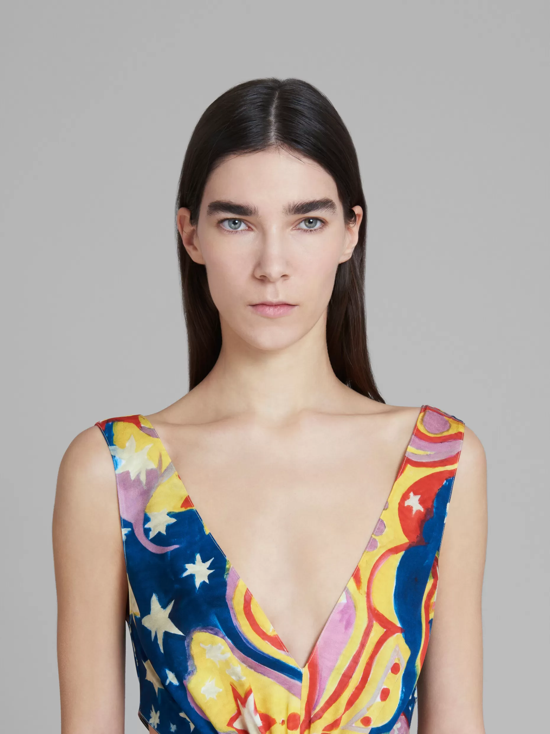 Women Marni X No Vacancy Inn - Multicolor Satin Cut-Out Midi Dress With Galactic Paradise Print