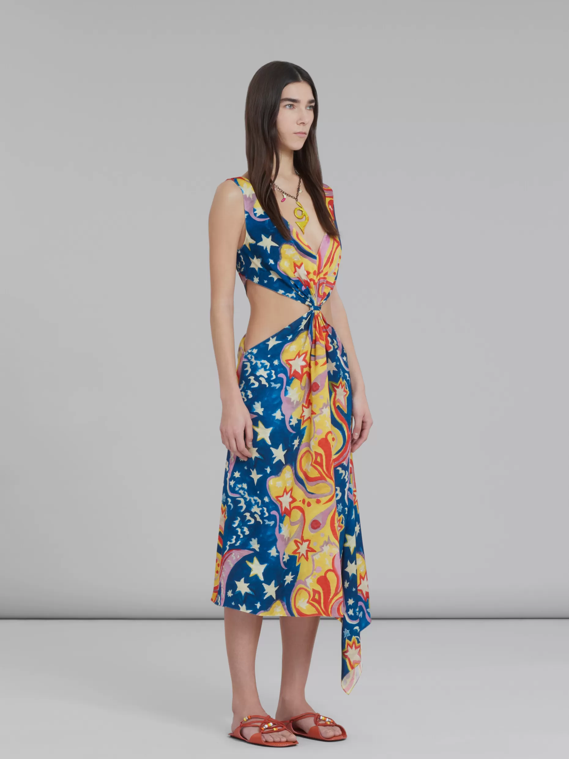 Women Marni X No Vacancy Inn - Multicolor Satin Cut-Out Midi Dress With Galactic Paradise Print