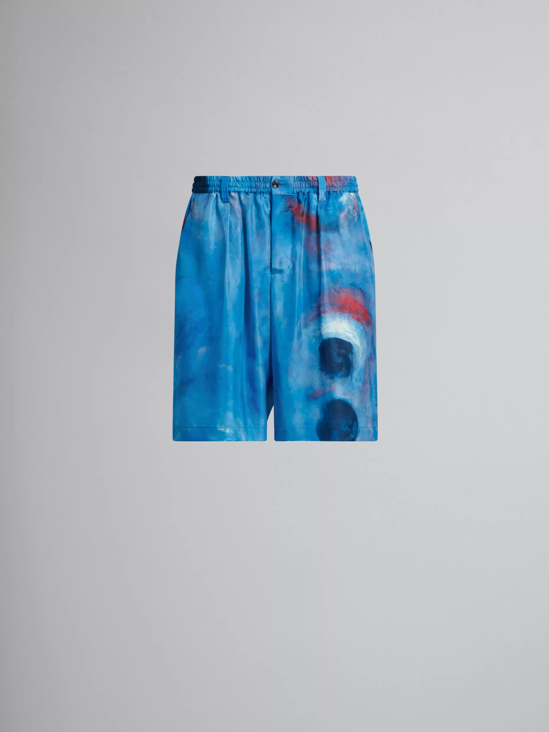 Men Marni Silk Habotai Stretch Waist Shorts With Buchi Blu Print