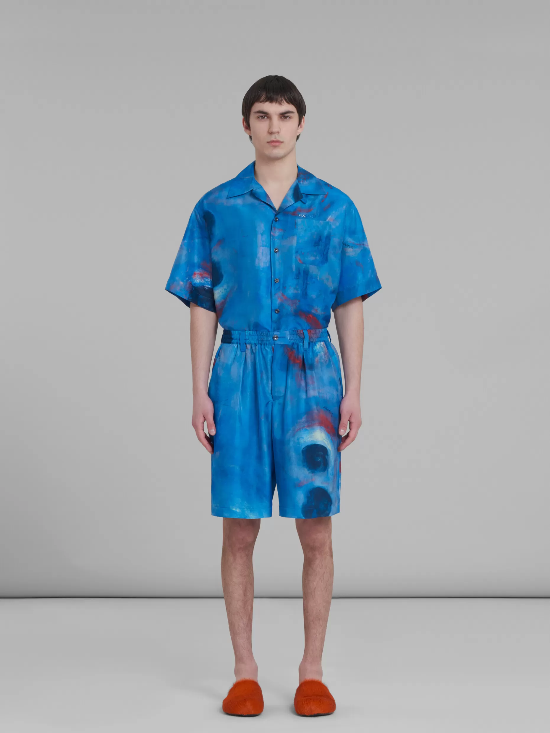 Men Marni Silk Habotai Stretch Waist Shorts With Buchi Blu Print