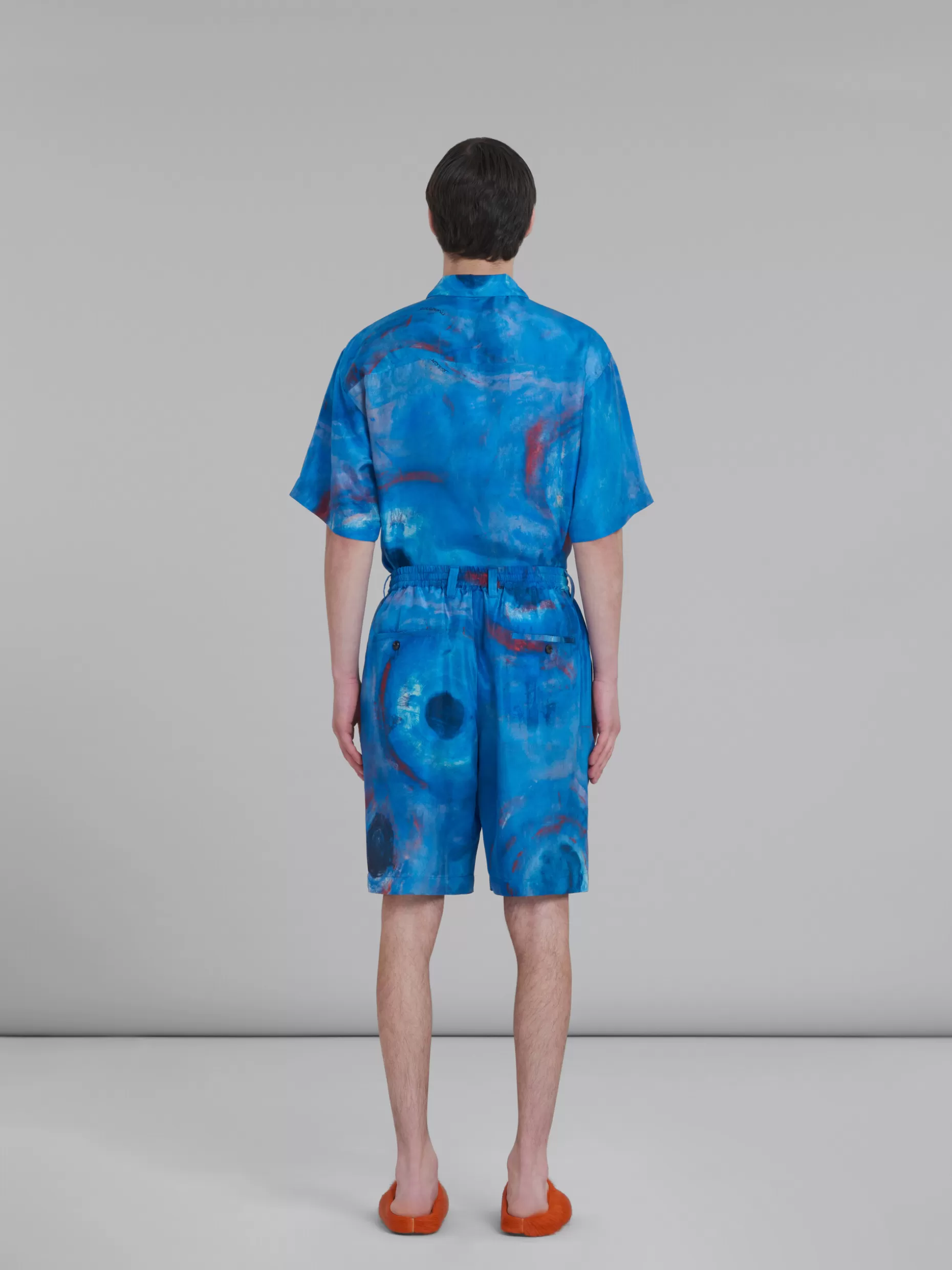 Men Marni Silk Habotai Stretch Waist Shorts With Buchi Blu Print