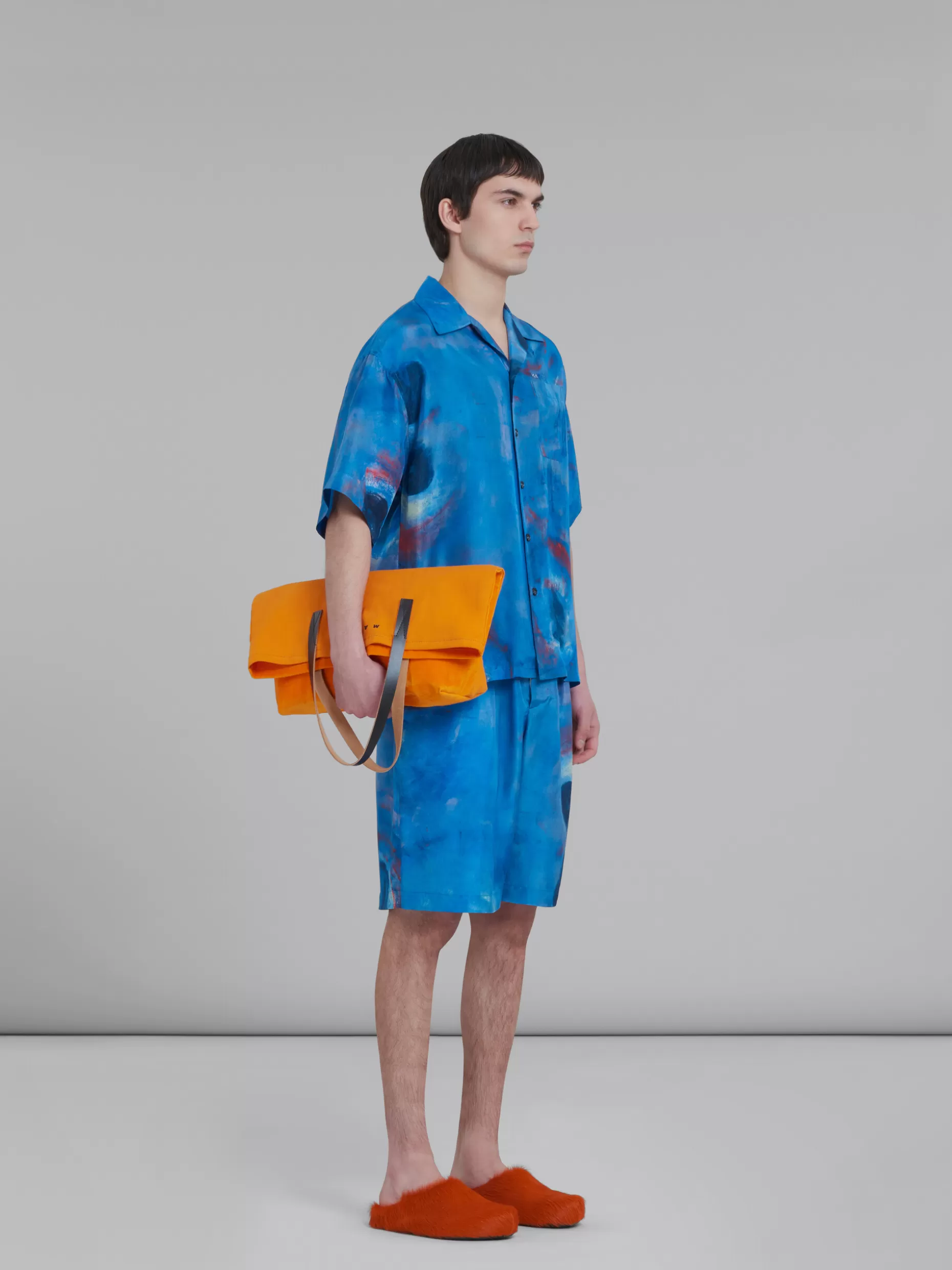Men Marni Silk Habotai Stretch Waist Shorts With Buchi Blu Print