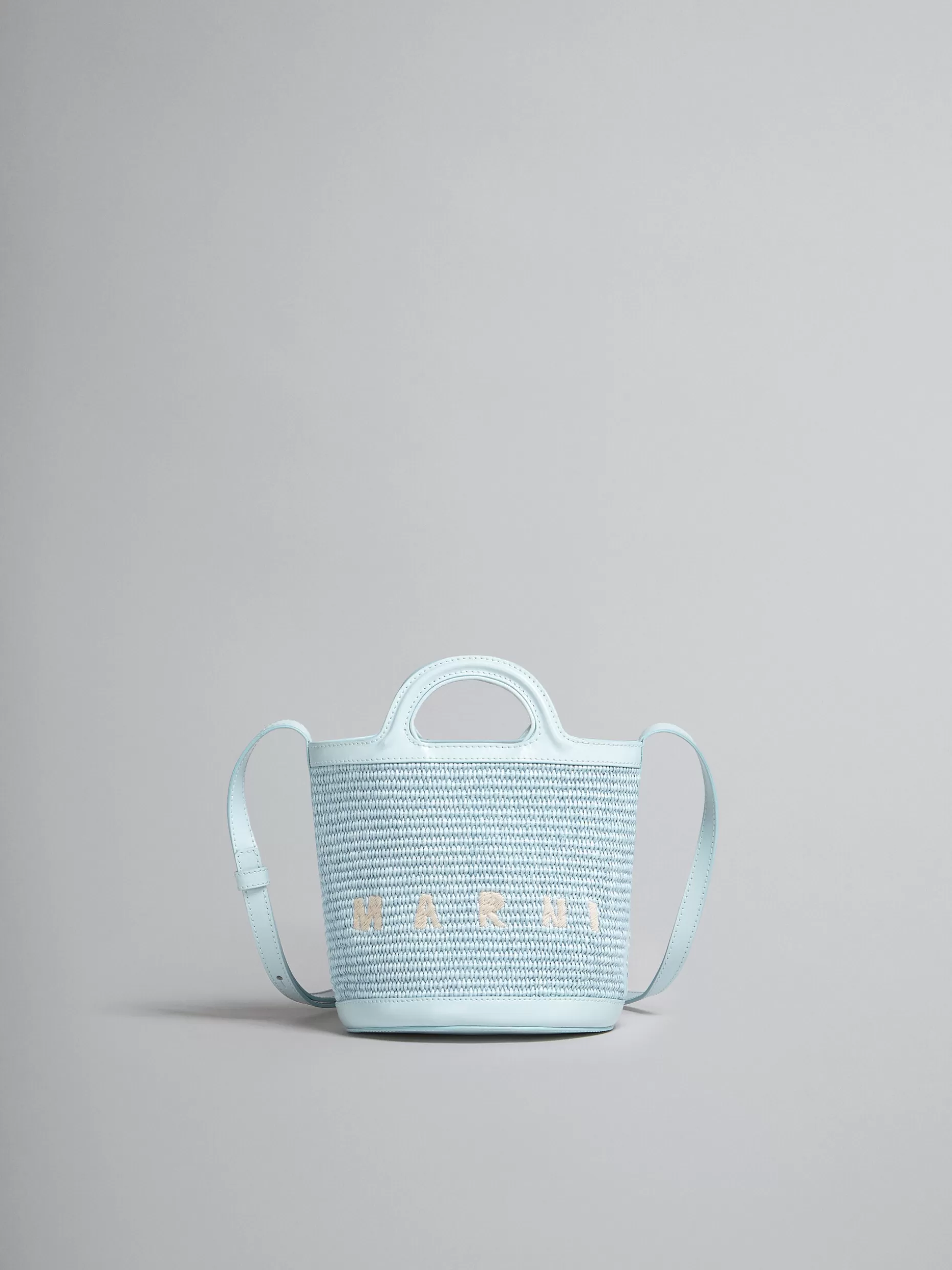 Women Marni Tropicalia Small Bucket Bag In Light Blue Leather And Raffia