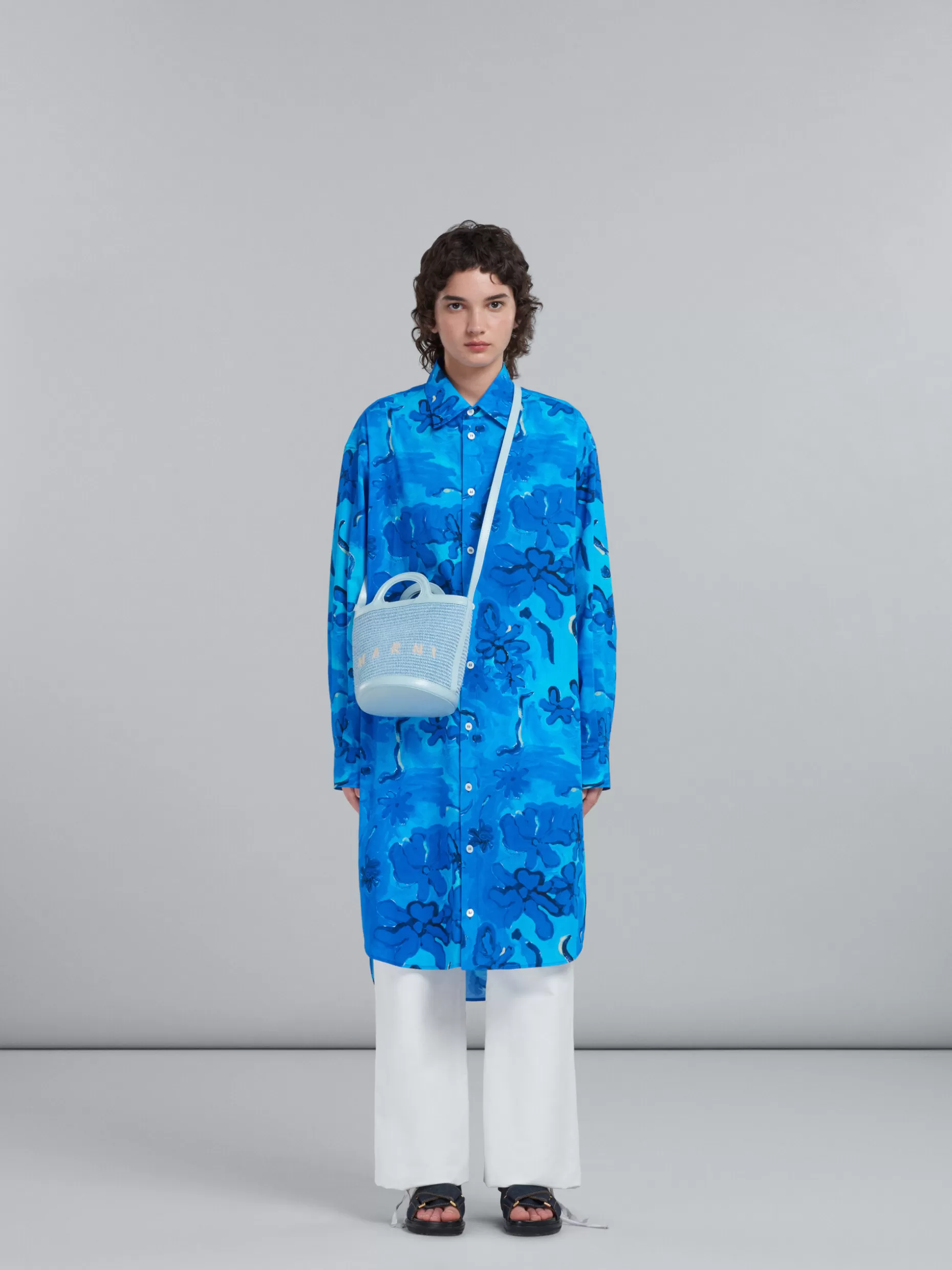 Women Marni Tropicalia Small Bucket Bag In Light Blue Leather And Raffia