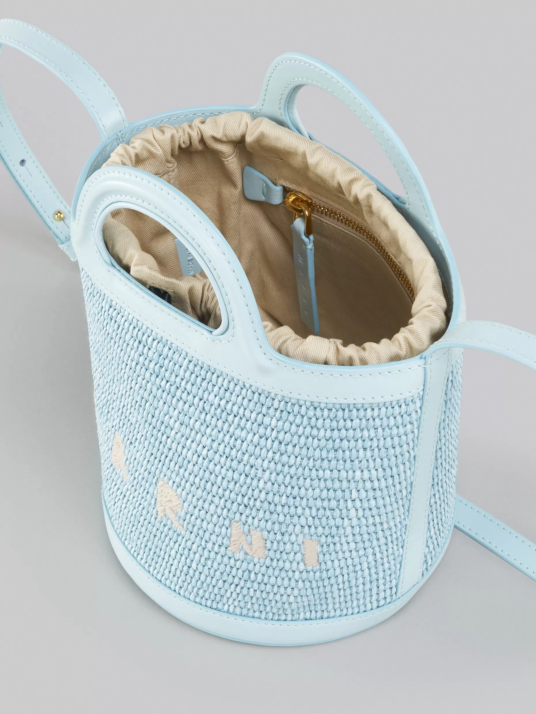 Women Marni Tropicalia Small Bucket Bag In Light Blue Leather And Raffia