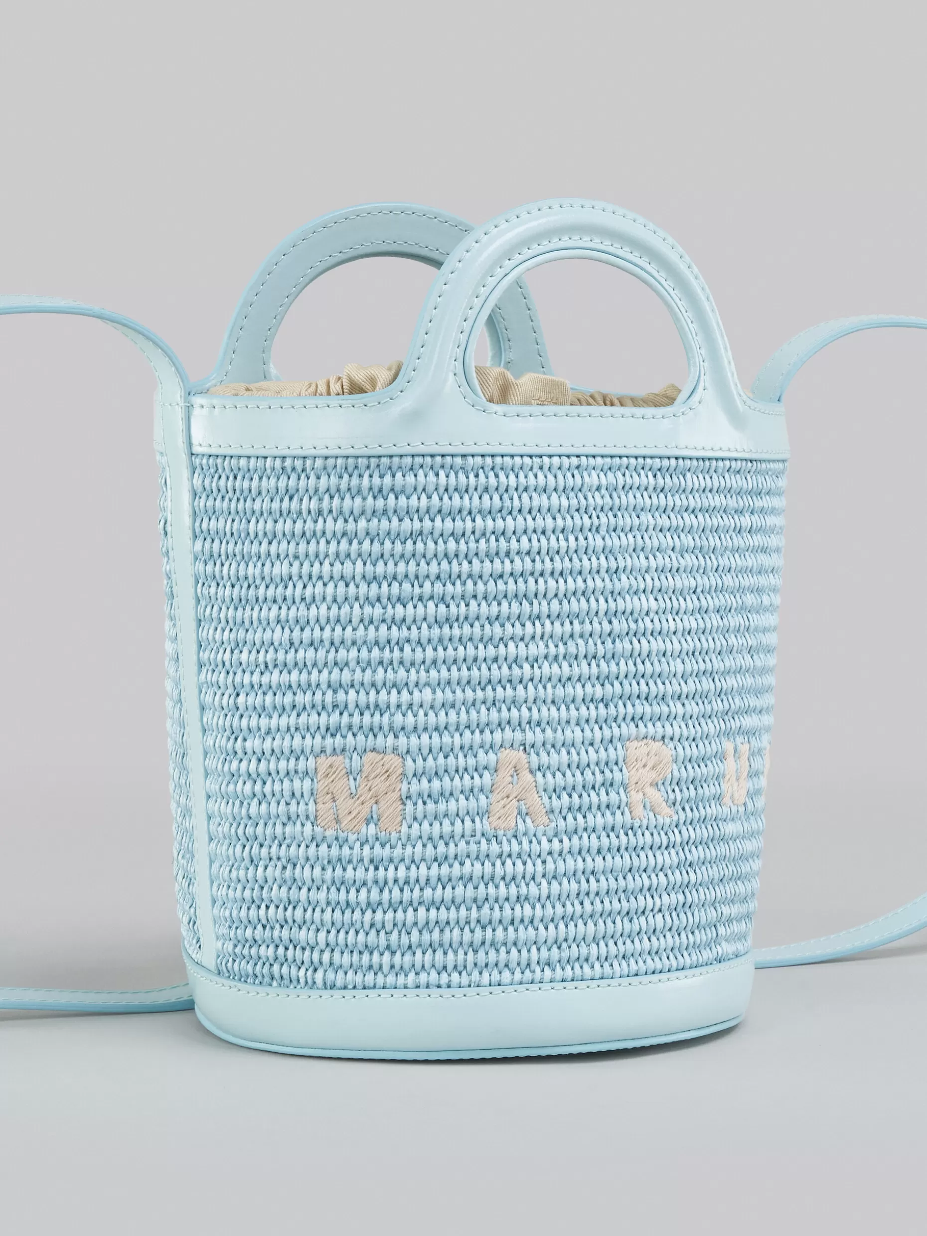 Women Marni Tropicalia Small Bucket Bag In Light Blue Leather And Raffia